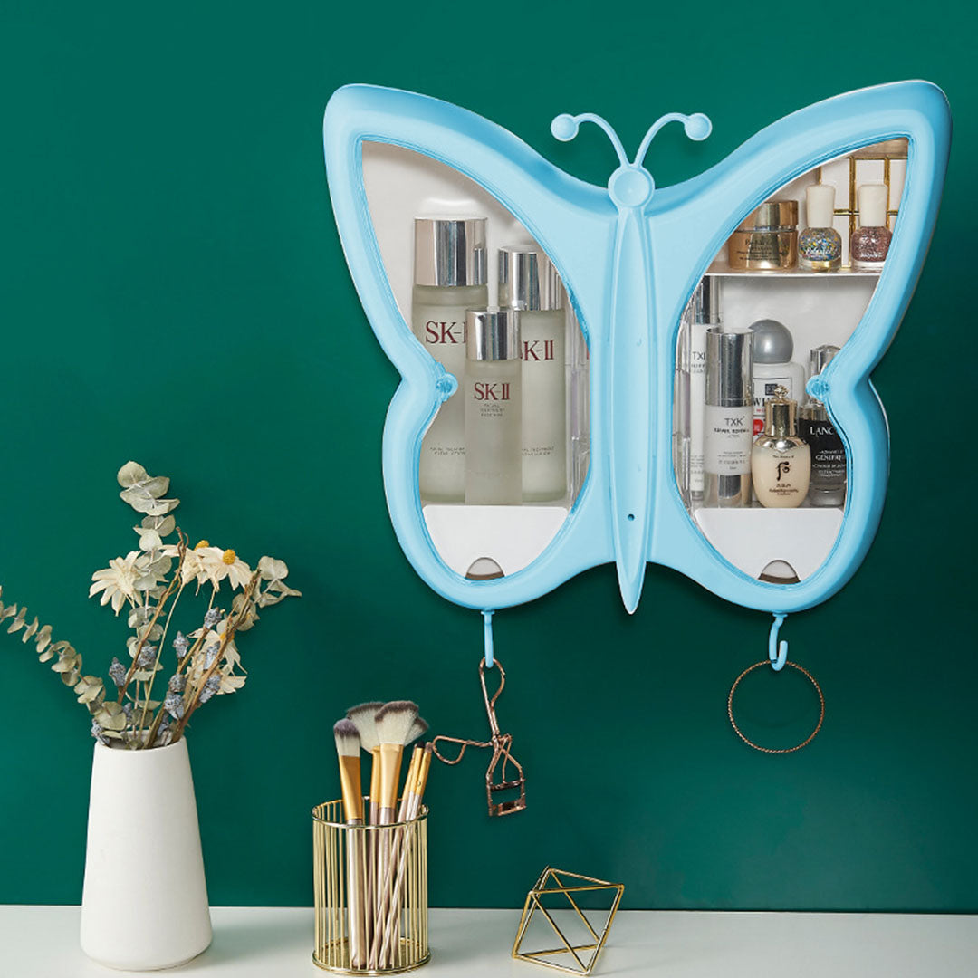 SOGA Blue Butterfly Shape Wall-Mounted Makeup Organiser Dustproof Waterproof Bathroom Storage Box Home Decor