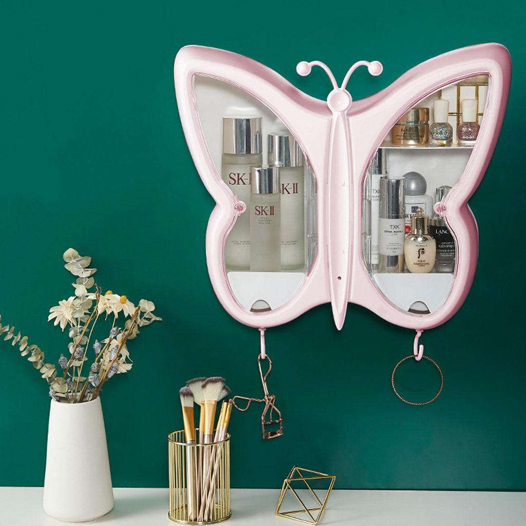 SOGA Pink Butterfly Shape Wall-Mounted Makeup Organiser Dustproof Waterproof Bathroom Storage Box Home Decor