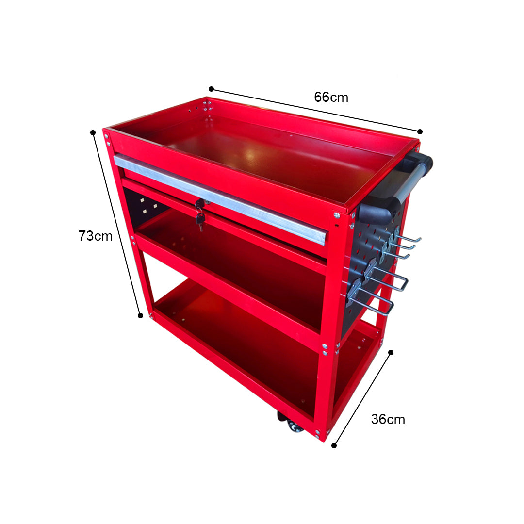 SOGA 3 Tier Tool Storage Cart Portable Service Utility Heavy Duty Mobile Trolley with Drawer and Hooks Red