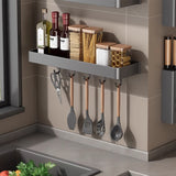 SOGA 42cm Black Wall-Mounted Rectangular Kitchen Spice Storage Organiser Space Saving Condiments Shelf Rack with Hooks