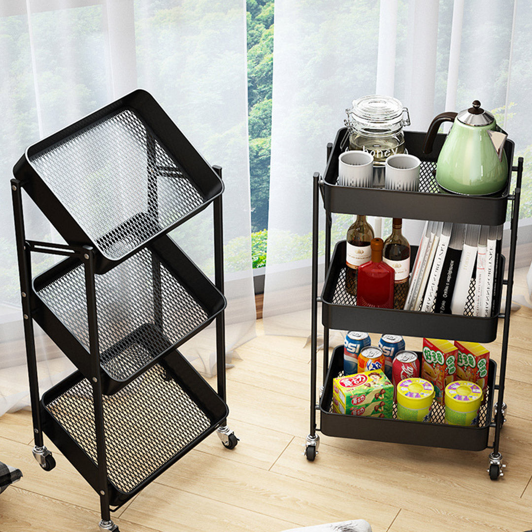 SOGA 3 Tier Steel Black Foldable Kitchen Cart Multi-Functional Shelves Portable Storage Organizer with Wheels