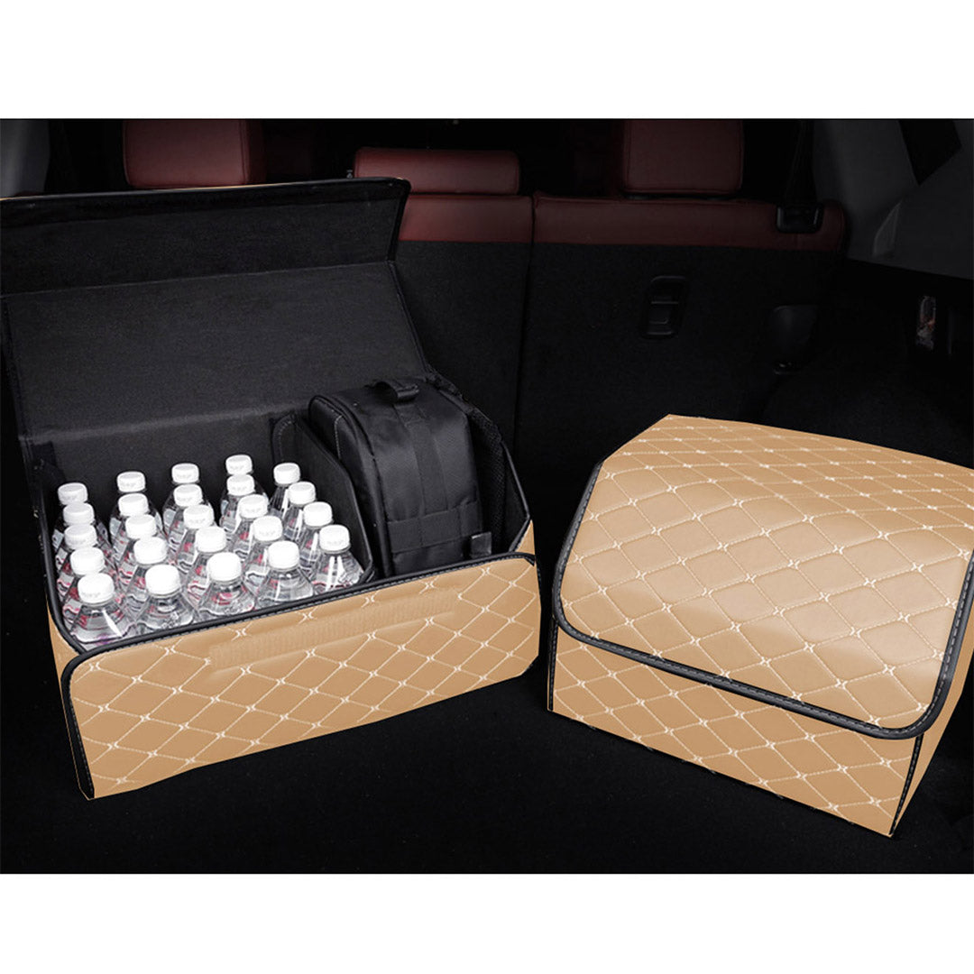 SOGA 2X Leather Car Boot Collapsible Foldable Trunk Cargo Organizer Portable Storage Box Beige/Gold Stitch Large