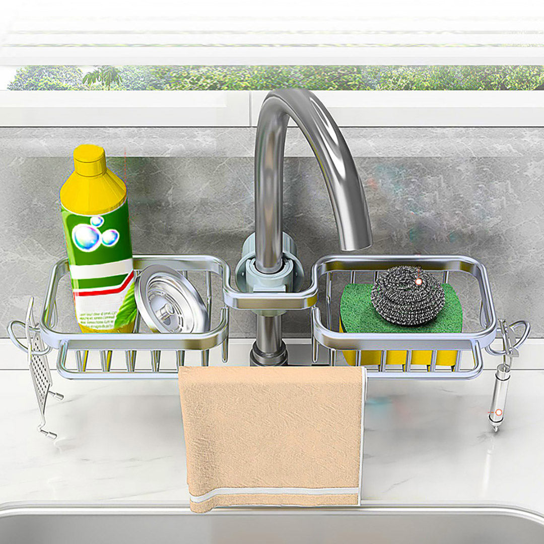 SOGA 2X Silver Kitchen Sink Organiser Faucet Soap Sponge Caddy Rack Drainer with Towel Bar Holder