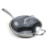 SOGA 2X 34cm Stainless Steel Tri-Ply Frying Cooking Fry Pan Textured Non Stick Skillet with Glass Lid and Helper Handle