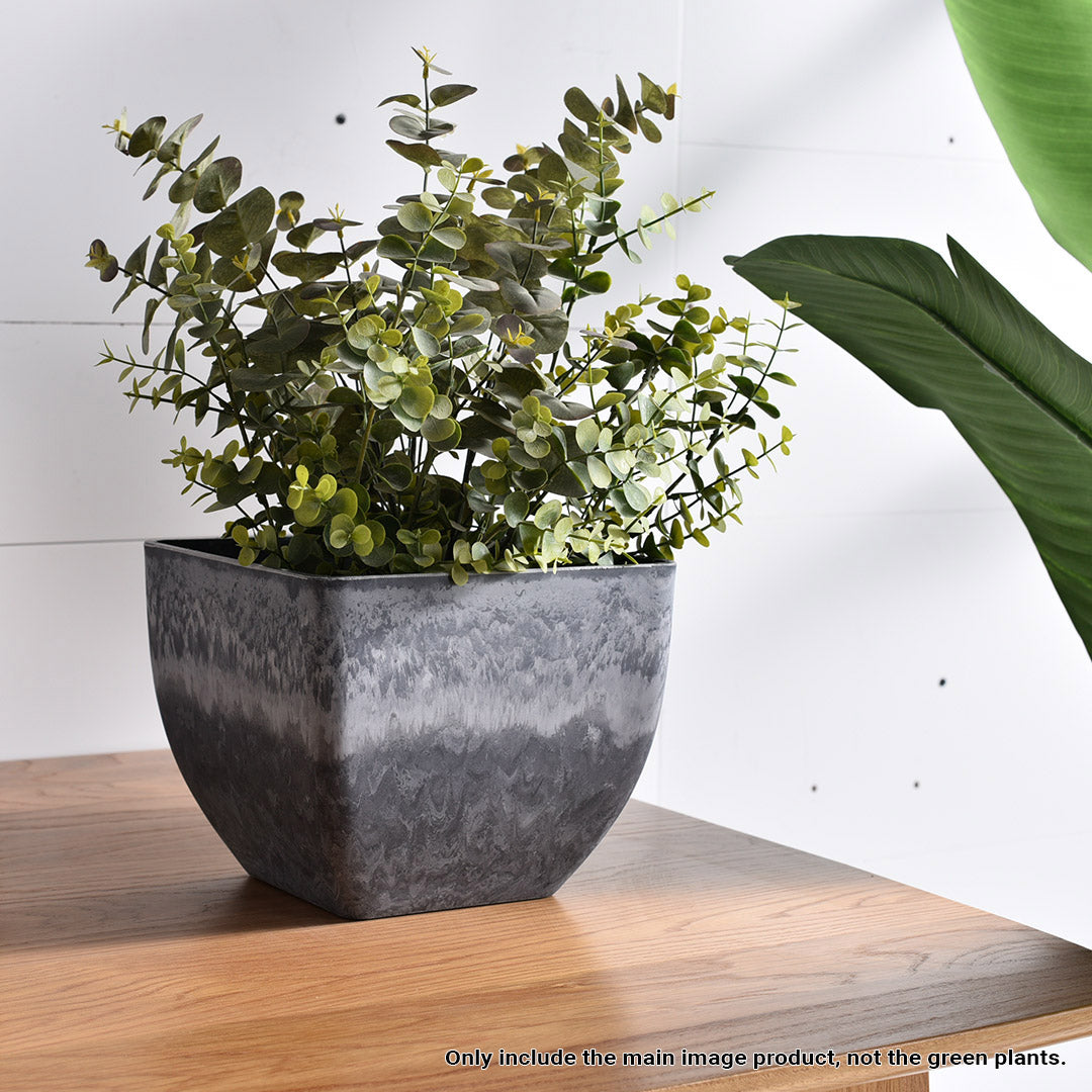 SOGA 27cm Weathered Grey Square Resin Plant Flower Pot in Cement Pattern Planter Cachepot for Indoor Home Office