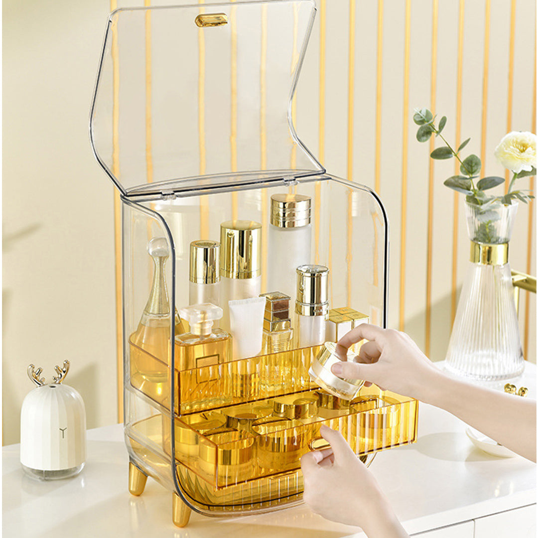 SOGA 2X 3 Tier Golden Yellow Multifunctional Countertop Cosmetic Storage Makeup Perfume Skincare Display Stand Shelf Drawer Type Organiser