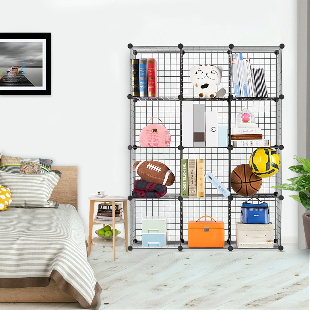 SOGA 2X Black Portable 12-Cube Storage Organiser Foldable DIY Modular Grid Space Saving Shelf