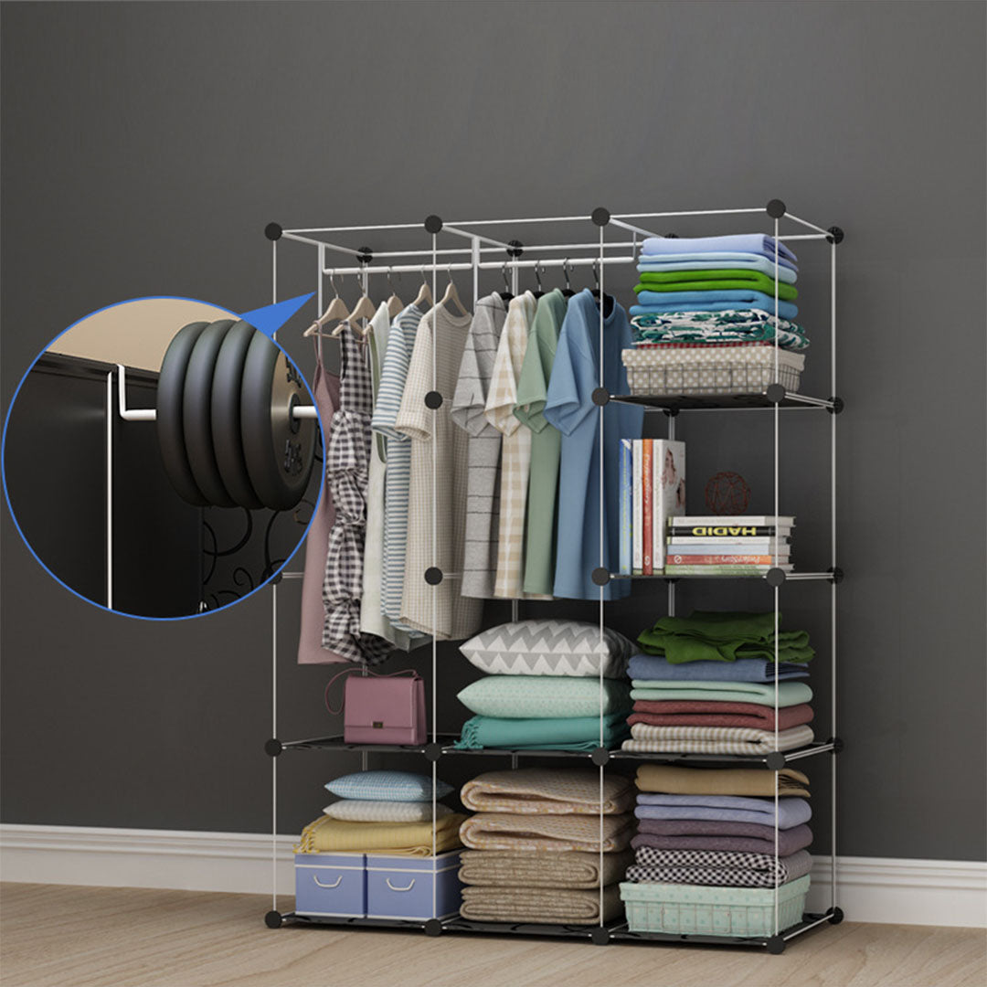 SOGA 10 Cubes Black Portable Wardrobe Divide-Grid Modular Storage Organiser Foldable Closet with Doors