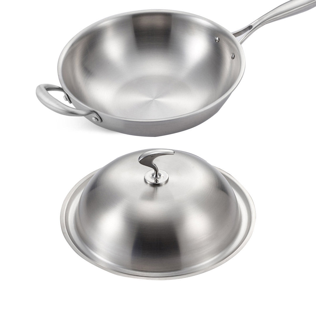 SOGA 2X 18/10 Stainless Steel Fry Pan 34cm Frying Pan Top Grade Skillet with Helper Handle and Lid