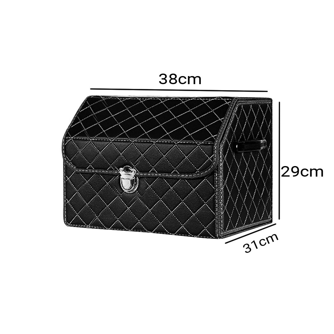 SOGA 4X Leather Car Boot Collapsible Foldable Trunk Cargo Organizer Portable Storage Box Black/White Stitch with Lock Small