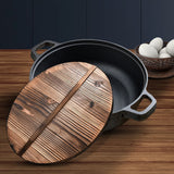 SOGA 31cm Round Cast Iron Pre-seasoned Deep Baking Pizza Frying Pan Skillet with Wooden Lid