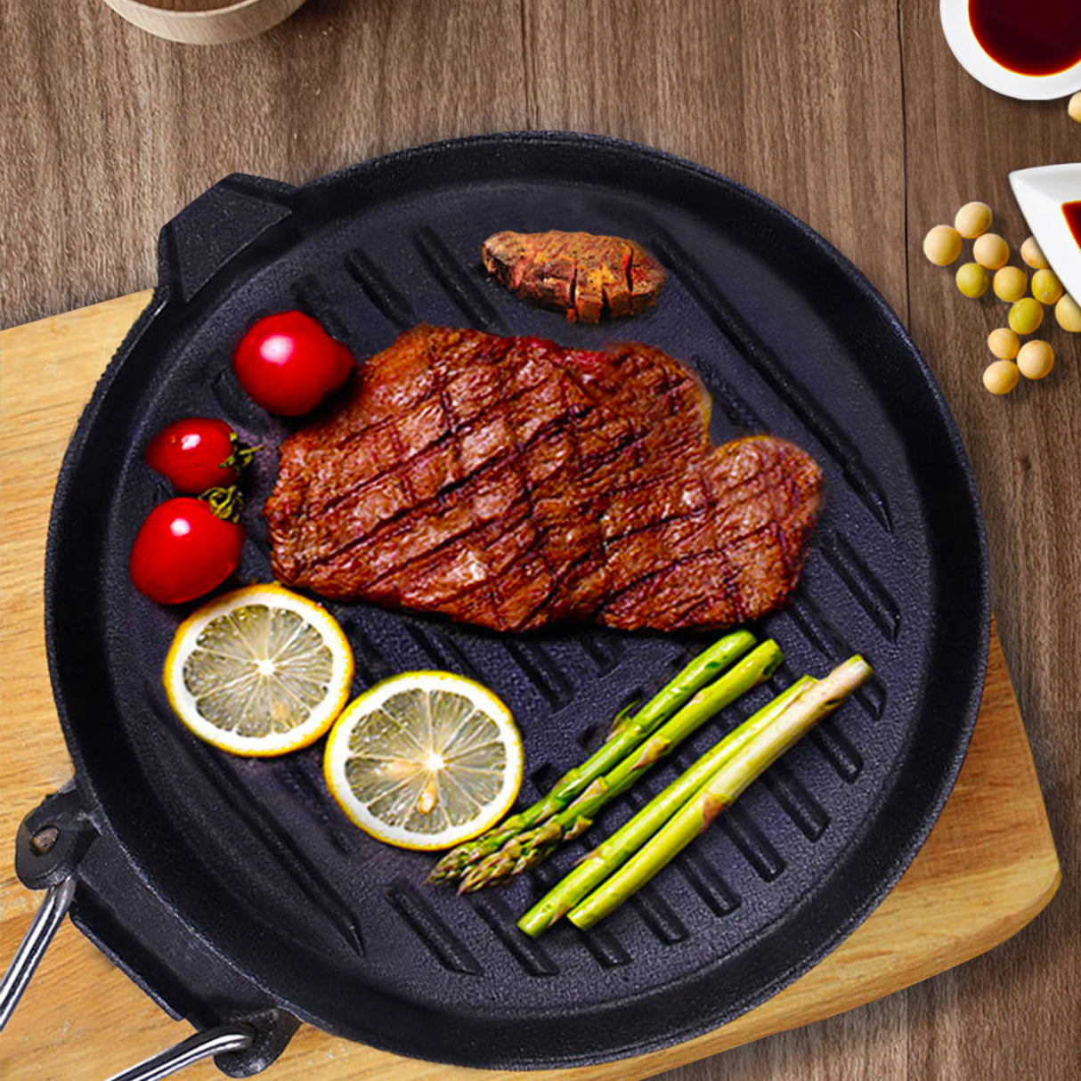 SOGA 24cm Round Ribbed Cast Iron Steak Frying Grill Skillet Pan with Folding Wooden Handle