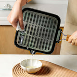 SOGA 2X 24cm Ribbed Cast Iron Square Steak Frying Grill Skillet Pan with Folding Wooden Handle