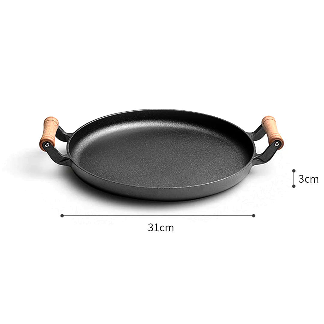 SOGA 2X 31cm Cast Iron Frying Pan Skillet Steak Sizzle Fry Platter With Wooden Handle No Lid