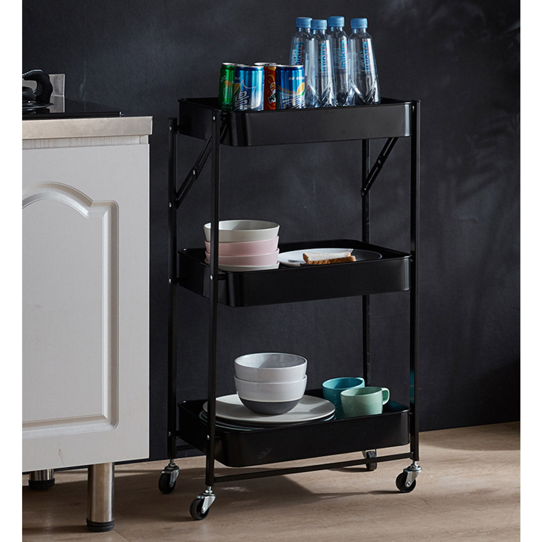 SOGA 2X 3 Tier Steel Black Foldable Kitchen Cart Multi-Functional Shelves Portable Storage Organizer with Wheels