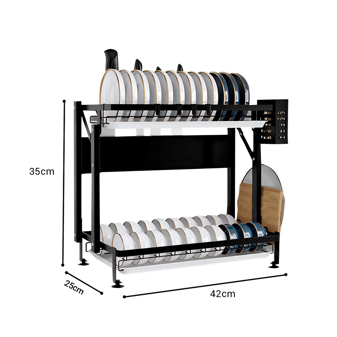 SOGA 2 Tier Steel Black Kitchen Countertop Drying Dish Rack Plate Cutlery Cutting Board Holder Dish Drainer Kitchen Organiser