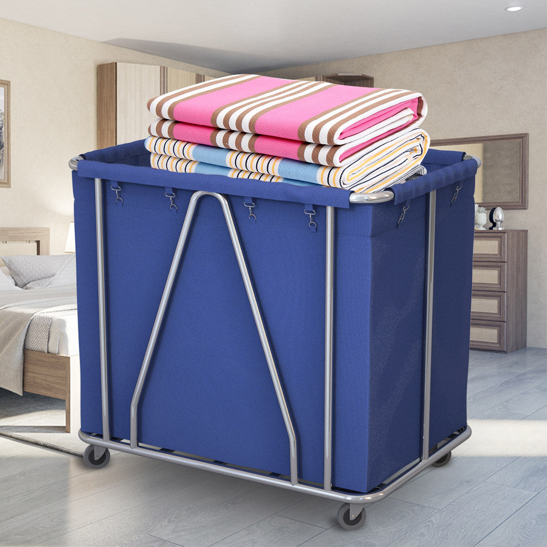 SOGA Stainless Steel Commercial Large Soiled Linen Laundry Trolley Cart with Wheels Blue