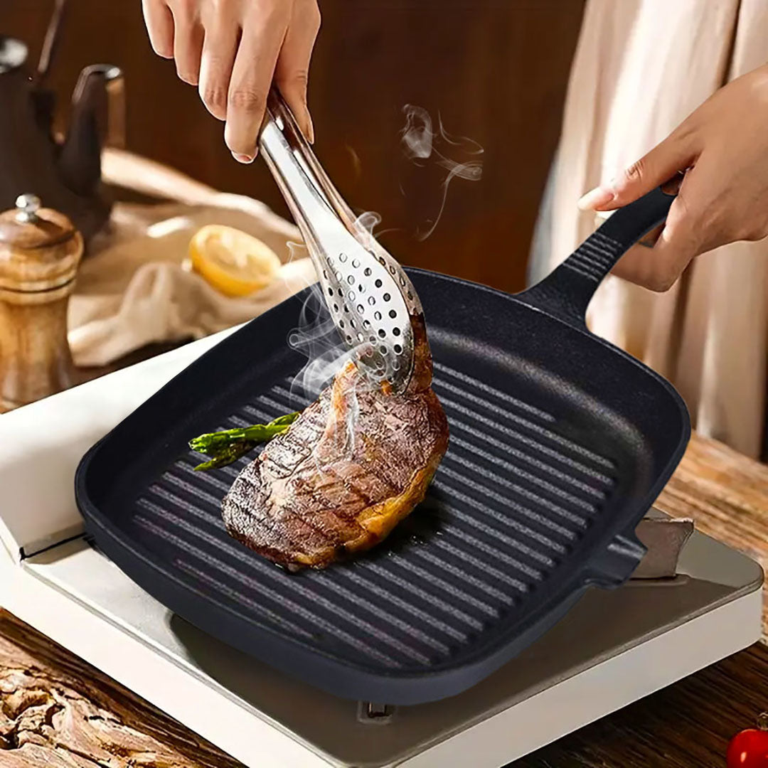 SOGA 2X 23.5cm Square Ribbed Cast Iron Frying Pan Skillet Steak Sizzle Platter with Handle