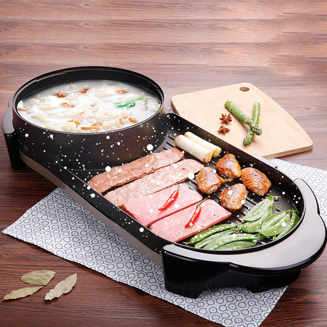 SOGA 2X 2  in 1 Electric Non-Stick BBQ Teppanyaki Grill Plate Steamboat Hotpot 2-8 Person