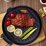 SOGA 2X 24cm Round Ribbed Cast Iron Steak Frying Grill Skillet Pan with Folding Wooden Handle