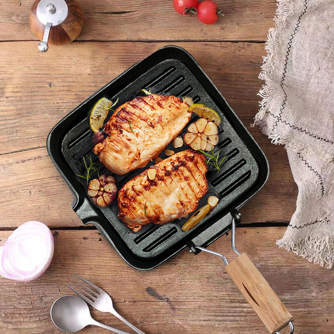 SOGA 24cm Ribbed Cast Iron Square Steak Frying Grill Skillet Pan with Folding Wooden Handle