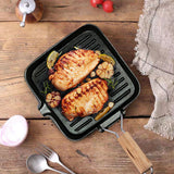 SOGA 24cm Ribbed Cast Iron Square Steak Frying Grill Skillet Pan with Folding Wooden Handle