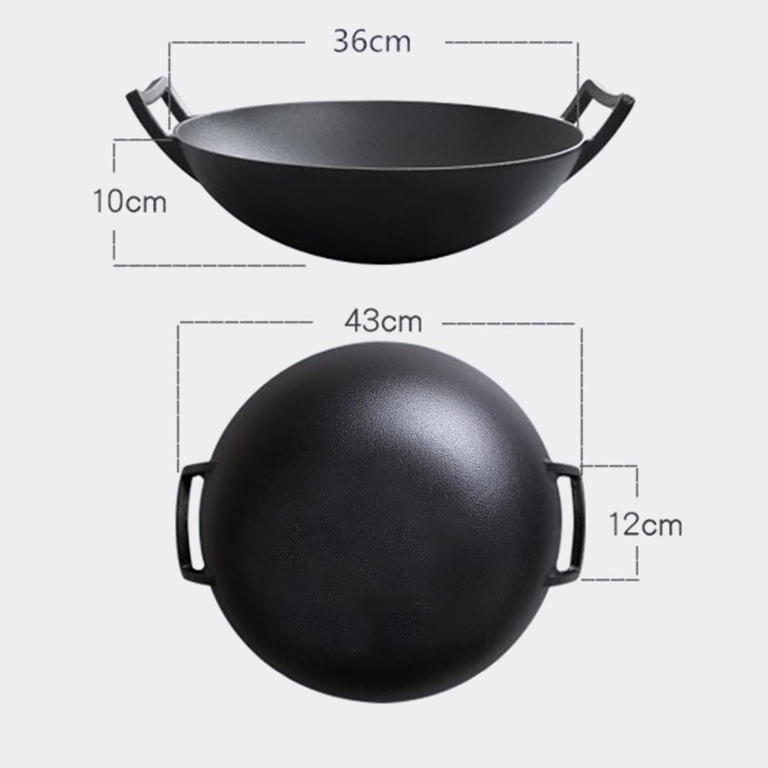 SOGA 36CM Commercial Cast Iron Wok FryPan with Wooden Lid Fry Pan