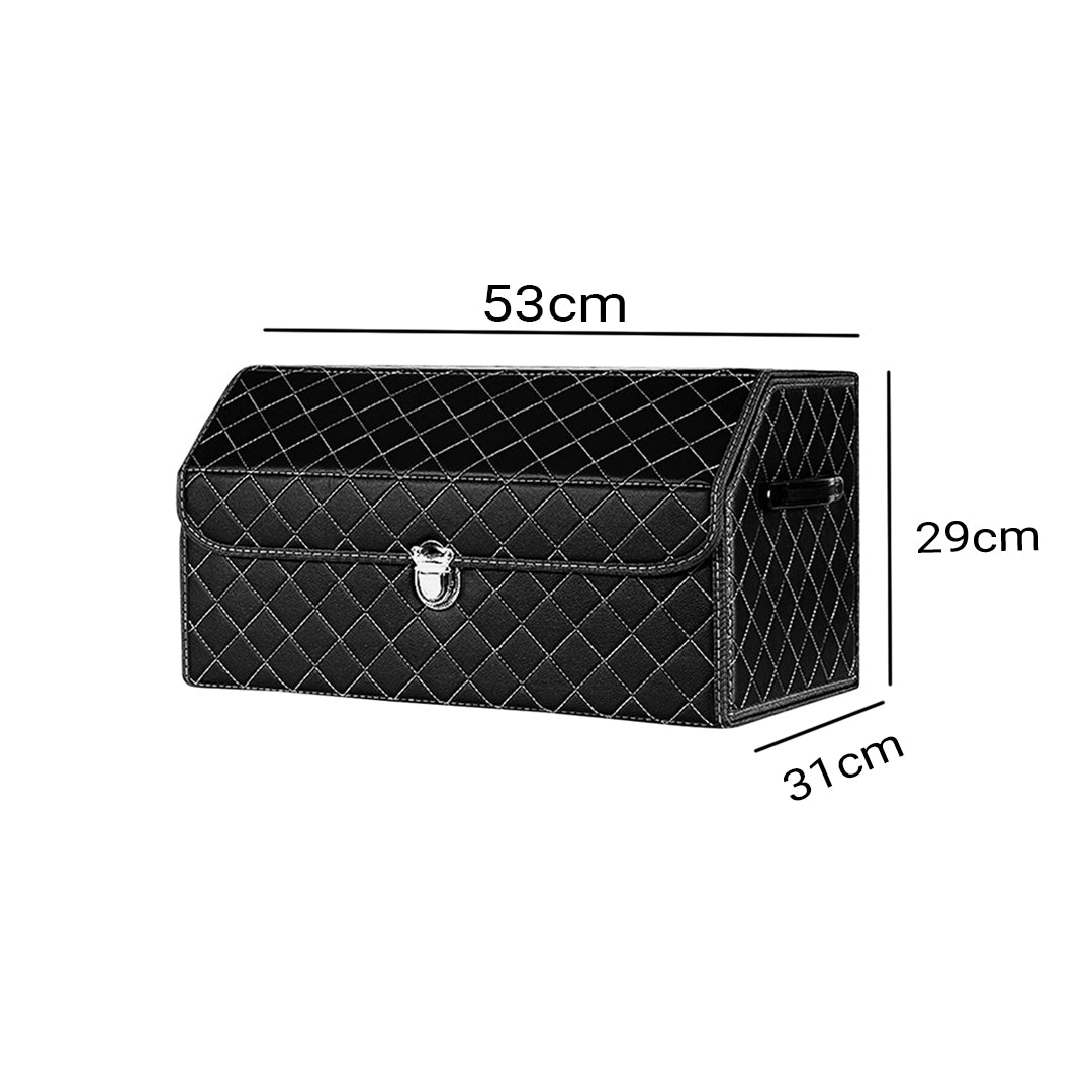 SOGA 4X Leather Car Boot Collapsible Foldable Trunk Cargo Organizer Portable Storage Box Black/White Stitch with Lock Medium