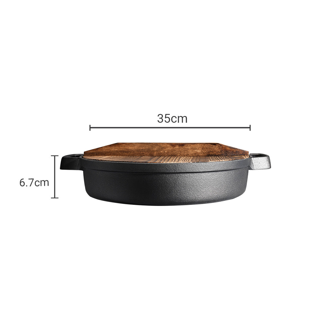 SOGA 35cm Round Cast Iron Pre-seasoned Deep Baking Pizza Frying Pan Skillet with Wooden Lid