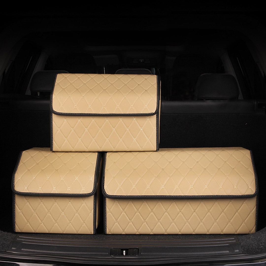 SOGA Leather Car Boot Collapsible Foldable Trunk Cargo Organizer Portable Storage Box Beige/Gold Stitch Large