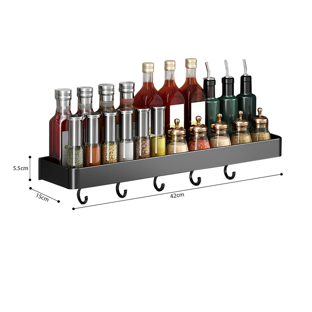 SOGA 42cm Black Wall-Mounted Rectangular Kitchen Spice Storage Organiser Space Saving Condiments Shelf Rack with Hooks