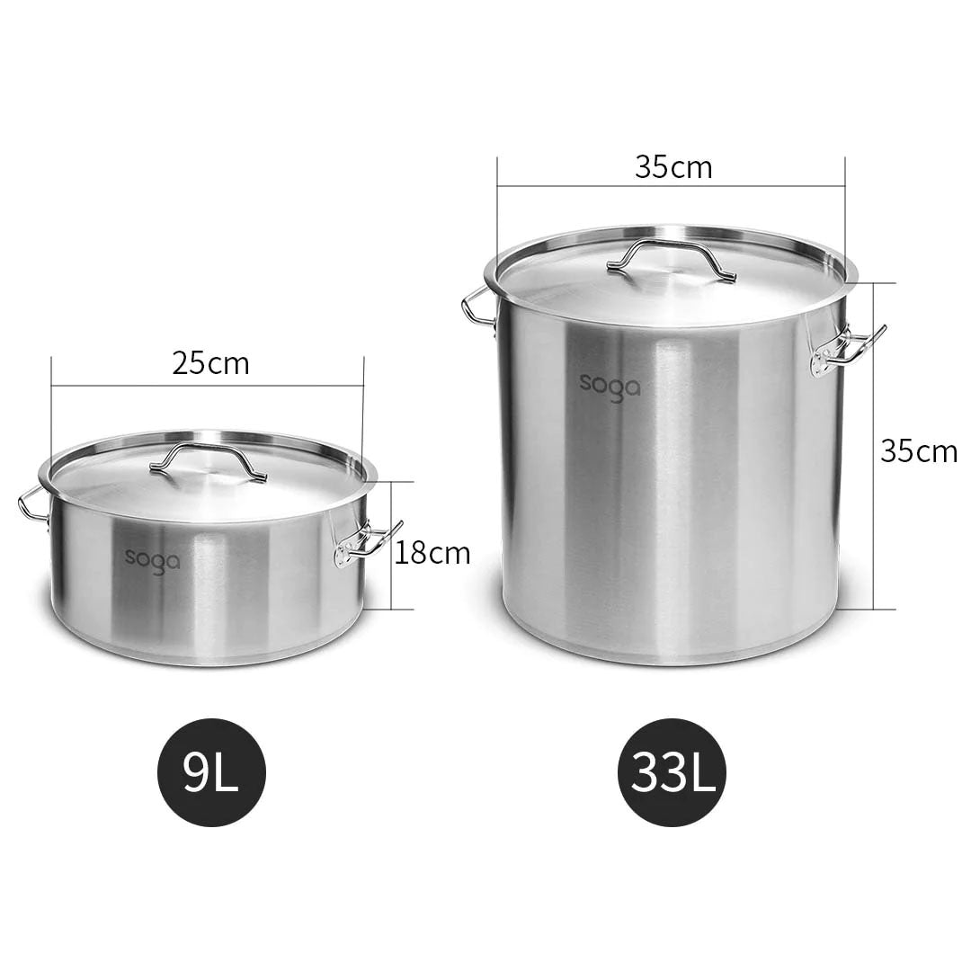 SOGA 9L Wide Stock Pot  and 33L Tall Top Grade Thick Stainless Steel Stockpot 18/10