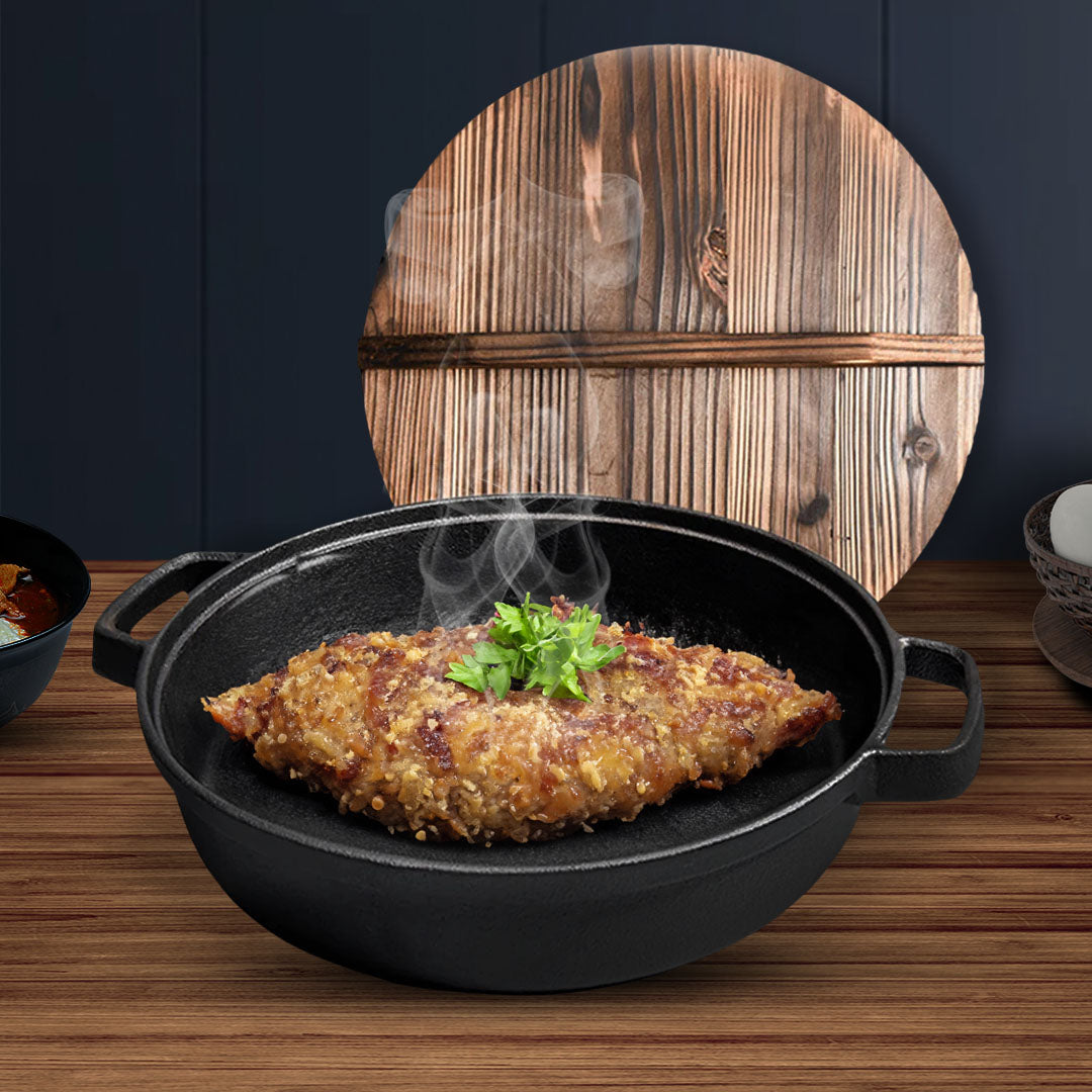 SOGA 33cm Round Cast Iron Pre-seasoned Deep Baking Pizza Frying Pan Skillet with Wooden Lid