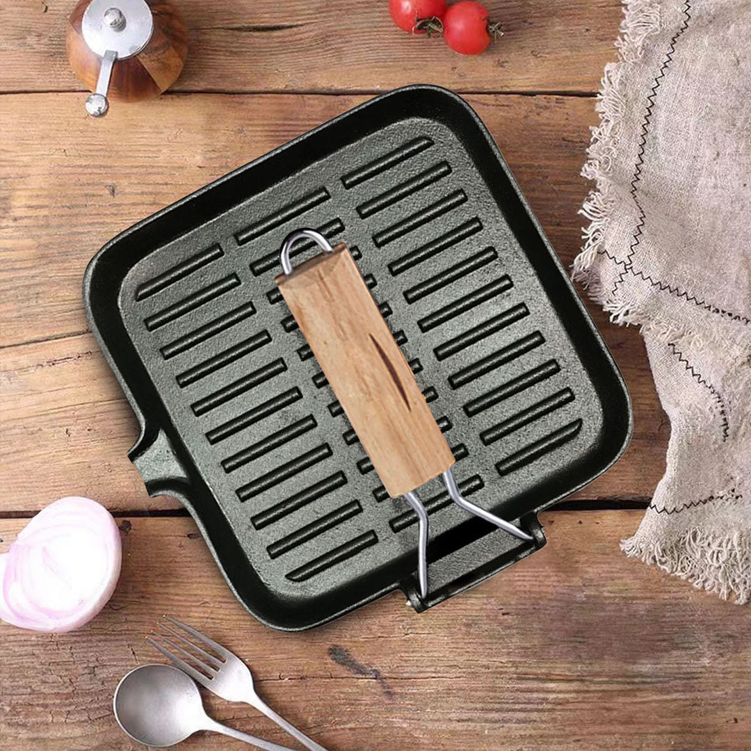 SOGA 2X 24cm Ribbed Cast Iron Square Steak Frying Grill Skillet Pan with Folding Wooden Handle