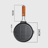 SOGA 24cm Round Ribbed Cast Iron Steak Frying Grill Skillet Pan with Folding Wooden Handle