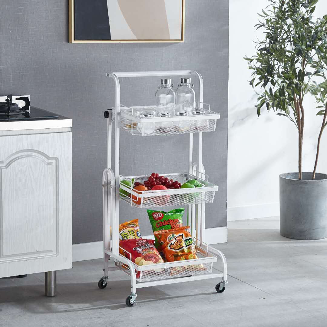 SOGA 3 Tier Steel White Adjustable Kitchen Cart Multi-Functional Shelves Portable Storage Organizer with Wheels