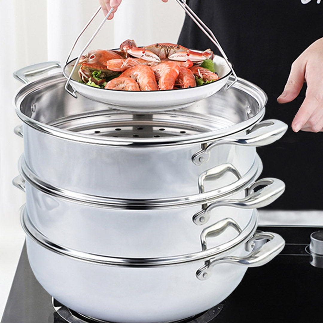 SOGA 2X 3 Tier 32cm Heavy Duty Stainless Steel Food Steamer Vegetable Pot Stackable Pan Insert with Glass Lid