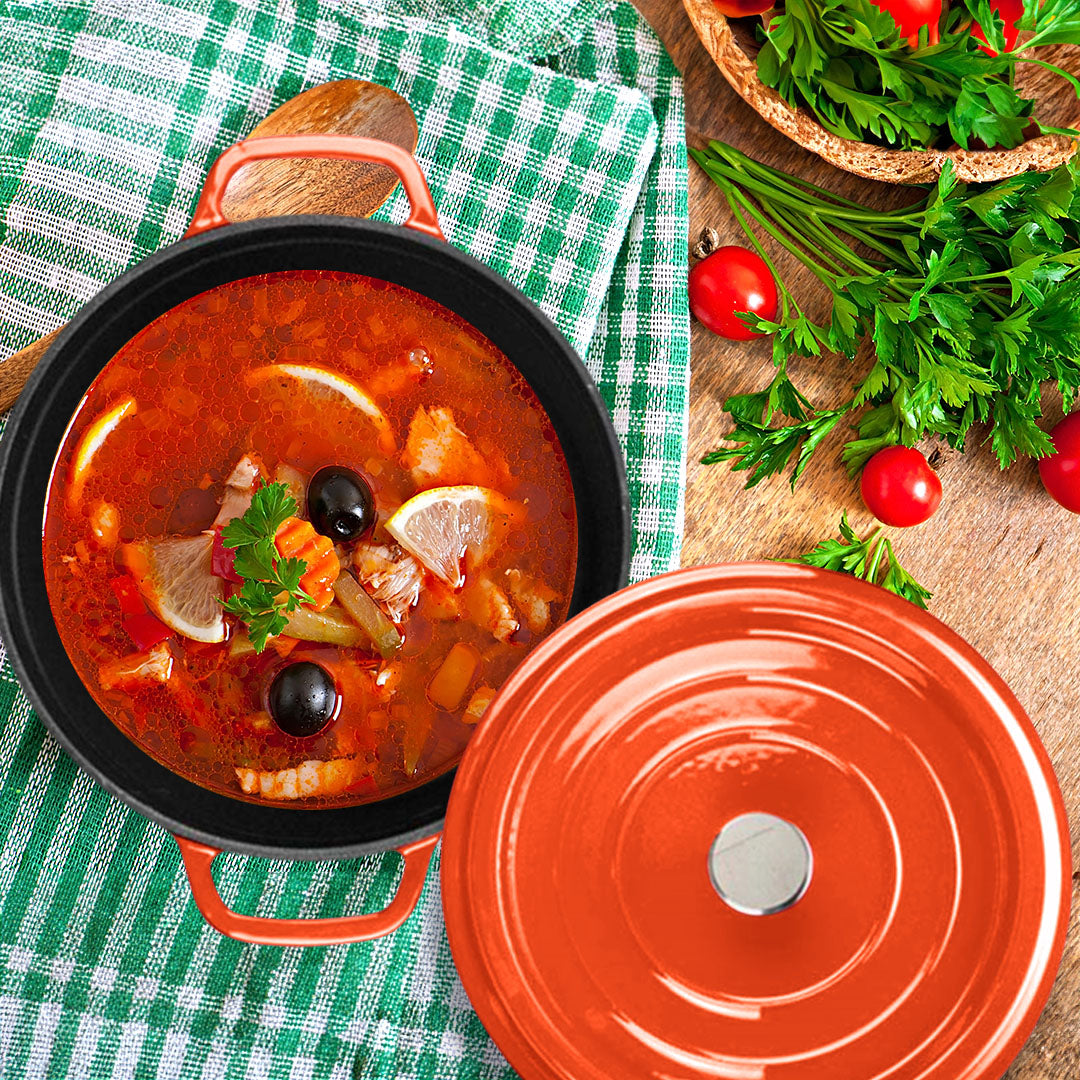 SOGA Cast Iron 26cm Enamel Porcelain Stewpot Casserole Stew Cooking Pot With Lid 5L Orange