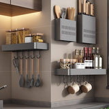 SOGA 42cm Black Wall-Mounted Rectangular Kitchen Spice Storage Organiser Space Saving Condiments Shelf Rack with Hooks