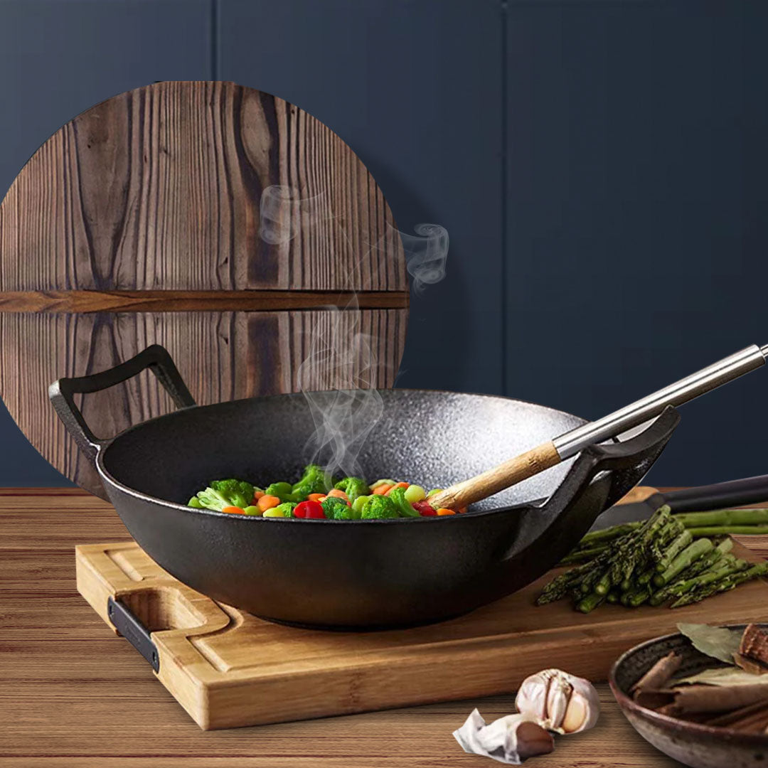 SOGA 36CM Commercial Cast Iron Wok FryPan with Wooden Lid Fry Pan