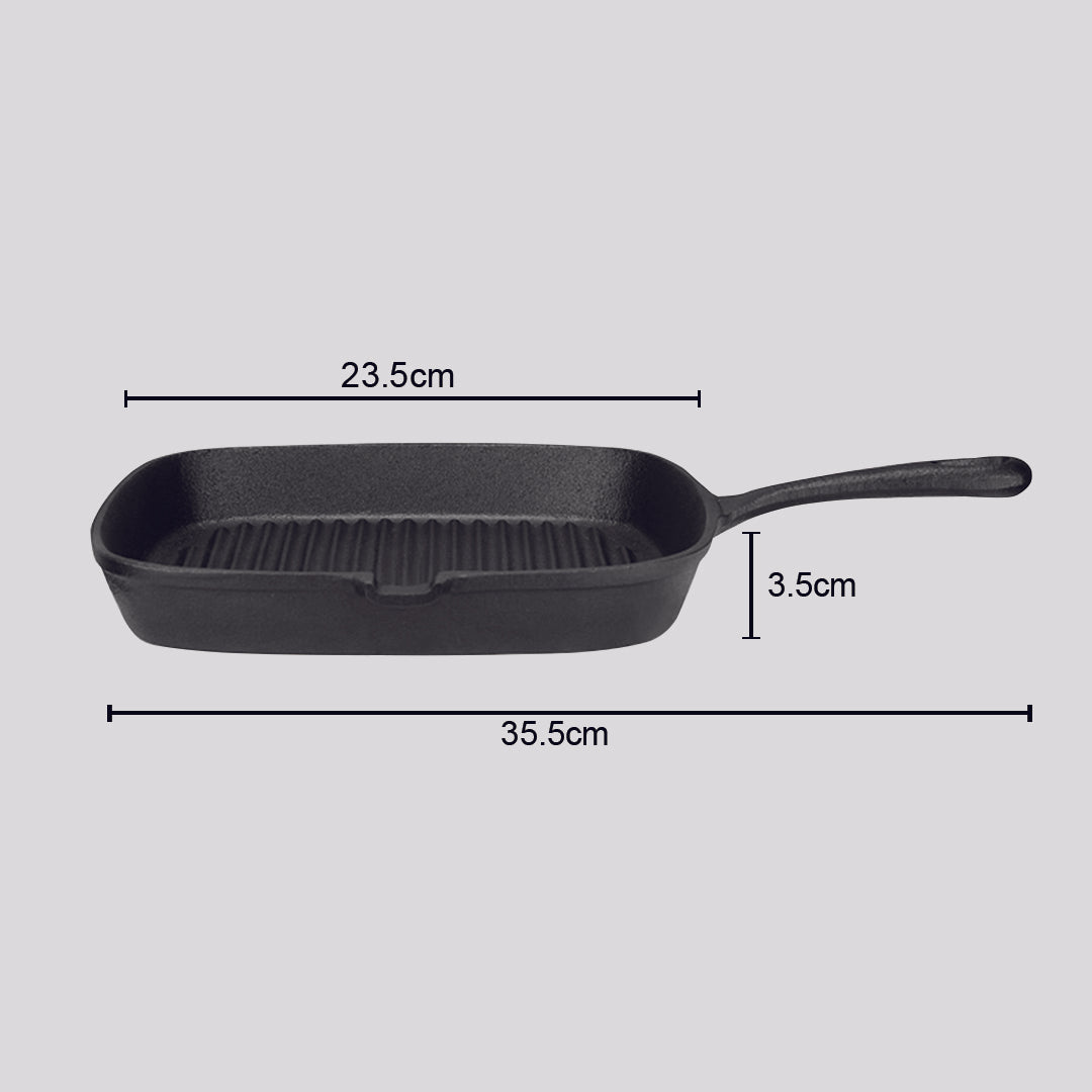 SOGA 23.5cm Square Ribbed Cast Iron Frying Pan Skillet Steak Sizzle Platter with Handle