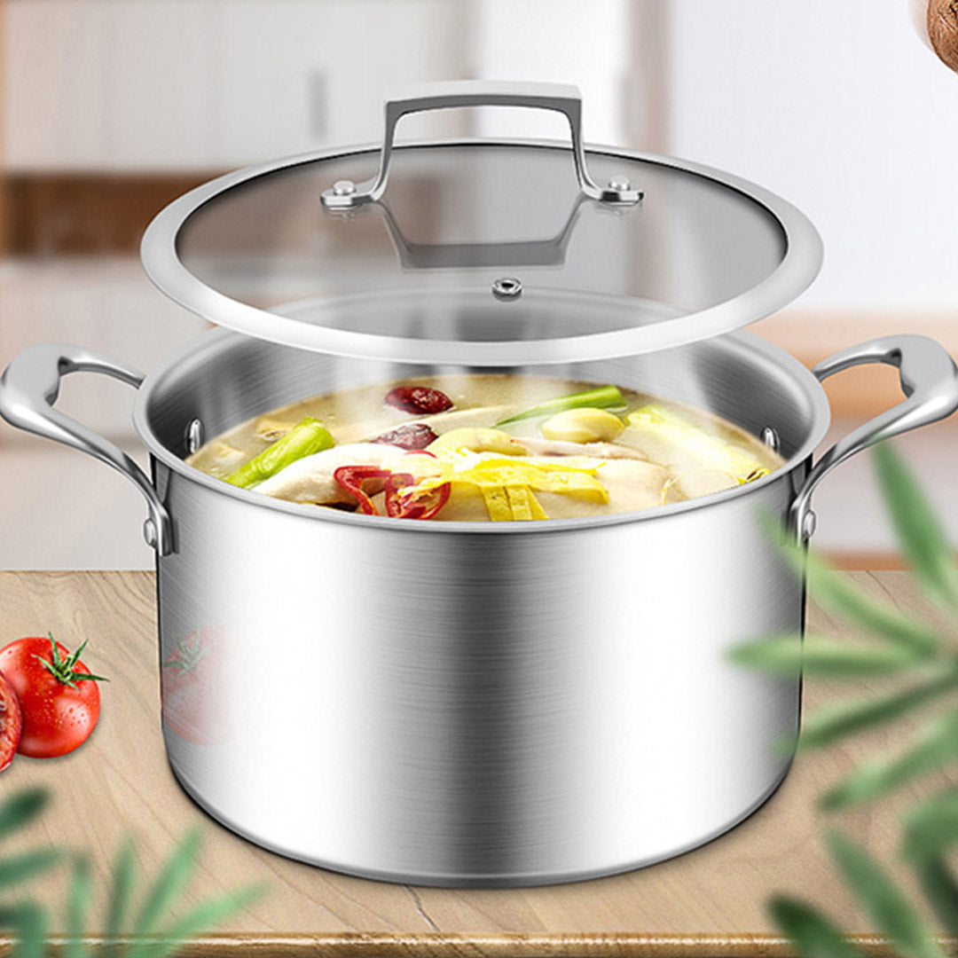 SOGA 2X 22cm Stainless Steel Soup Pot Stock Cooking Stockpot Heavy Duty Thick Bottom with Glass Lid