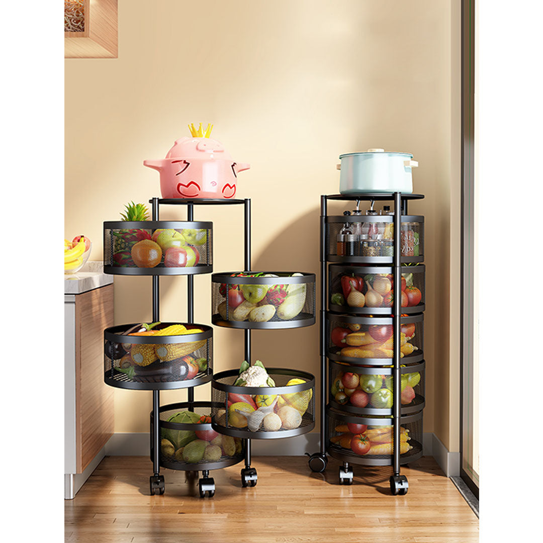 SOGA 5 Tier Steel Round Rotating Kitchen Cart Multi-Functional Shelves Portable Storage Organizer with Wheels