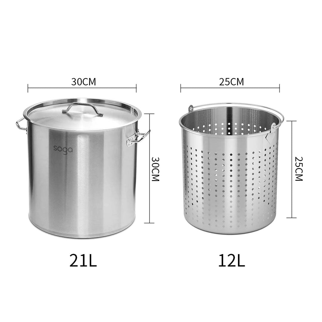 SOGA 21L 18/10 Stainless Steel Stockpot with Perforated Stock Pot Basket Pasta Strainer