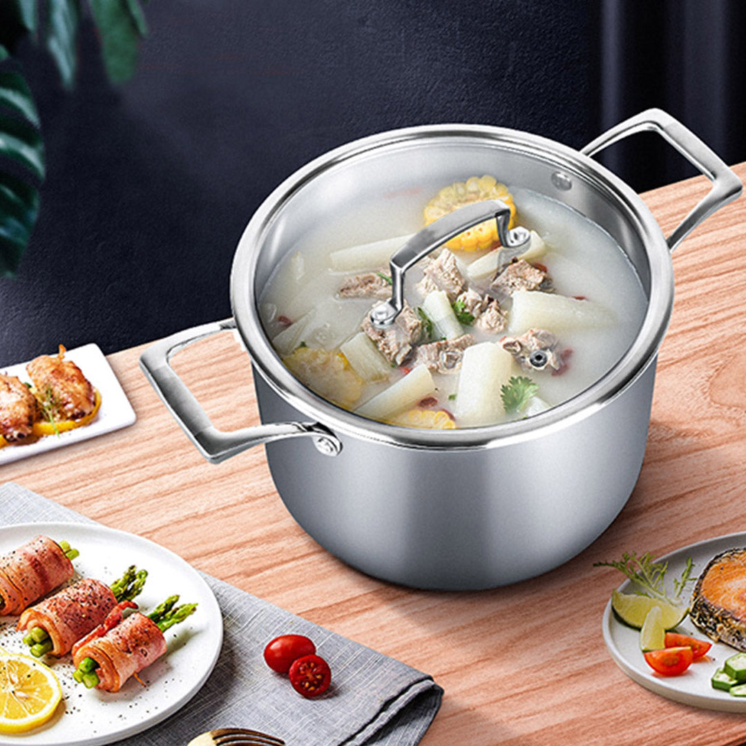 SOGA 2X 24cm Stainless Steel Soup Pot Stock Cooking Stockpot Heavy Duty Thick Bottom with Glass Lid