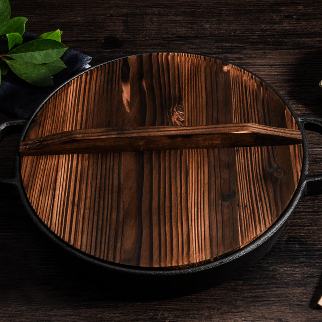 SOGA 29cm Round Cast Iron Pre-seasoned Deep Baking Pizza Frying Pan Skillet with Wooden Lid