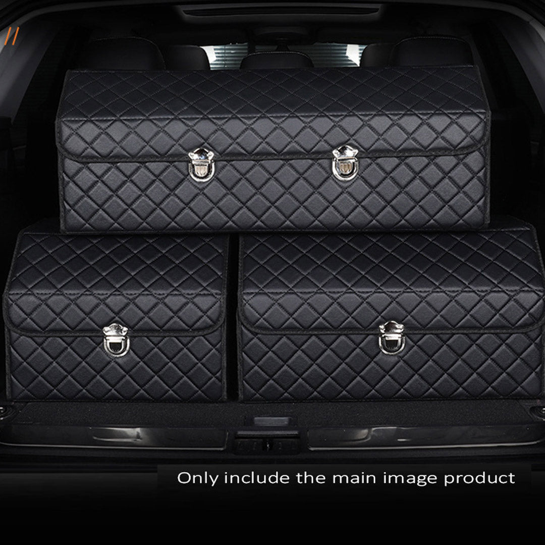 SOGA 4X Leather Car Boot Collapsible Foldable Trunk Cargo Organizer Portable Storage Box Black/White Stitch with Lock Medium