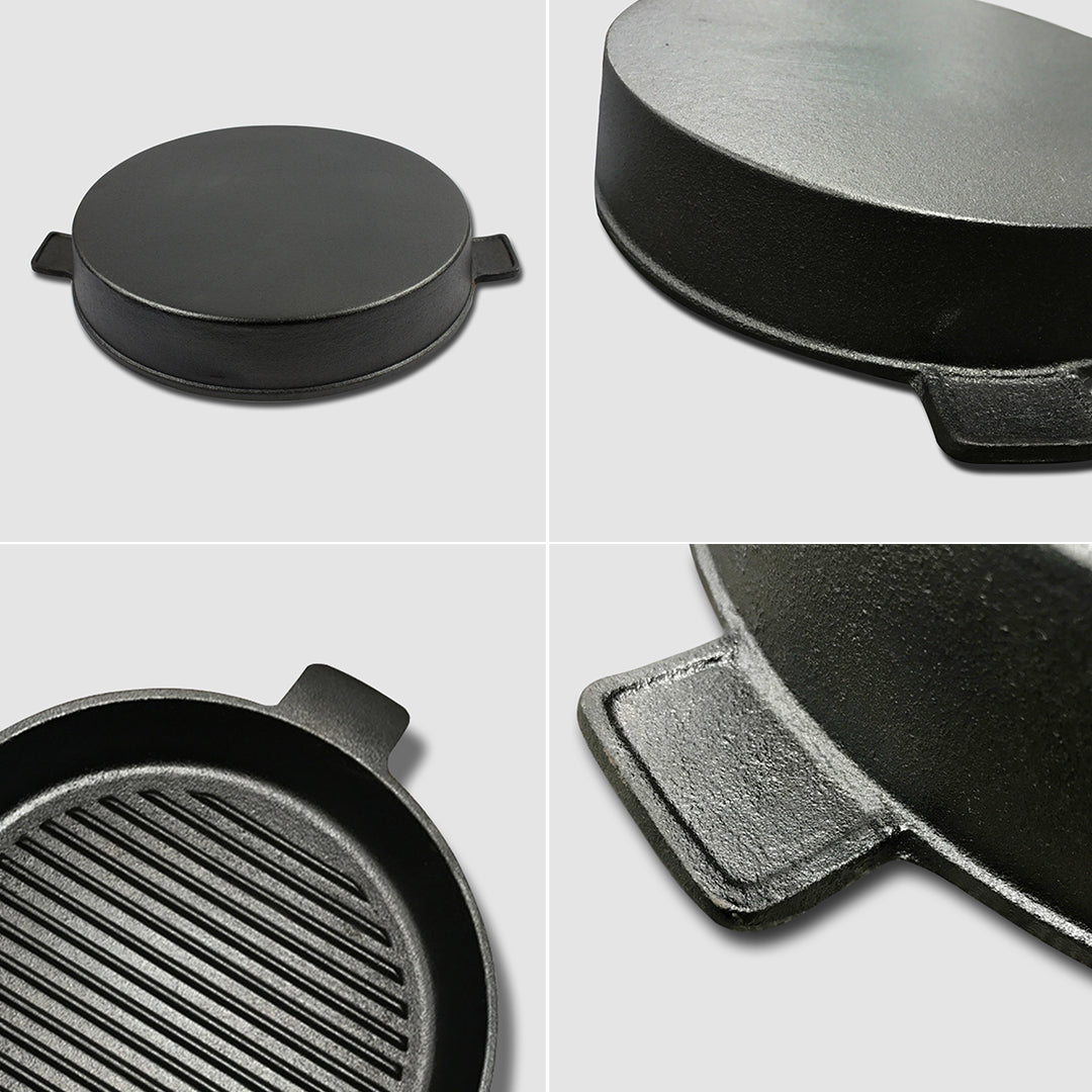 SOGA 2X 25cm Round Ribbed Cast Iron Frying Pan Skillet Steak Sizzle Platter with Handle