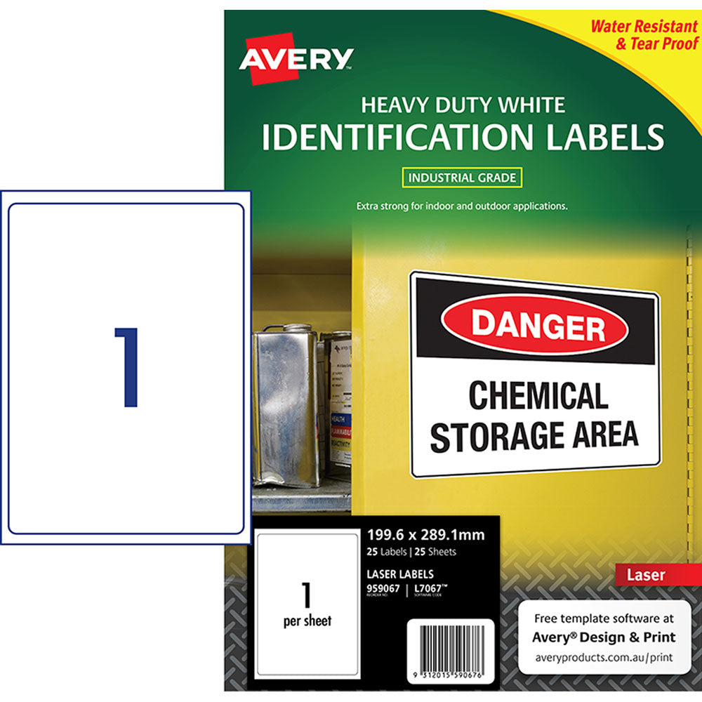 Avery Heavy Duty ID Label L7067 White Laser 199.6x289.1mm 1up 25 Sheets - Cafe Supply