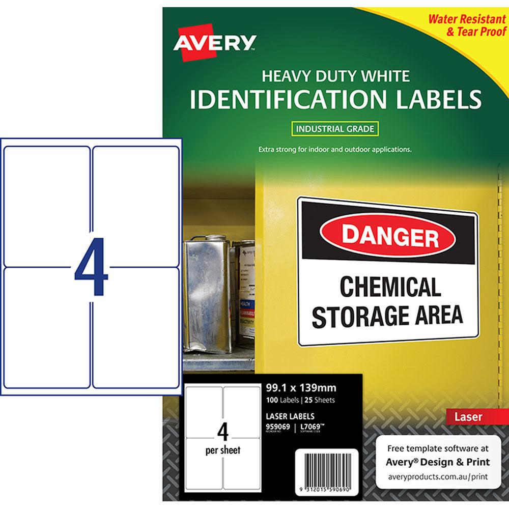 Avery Heavy Duty ID Label L7069 White Laser 99.1x139mm 4up 25 Sheets - Cafe Supply